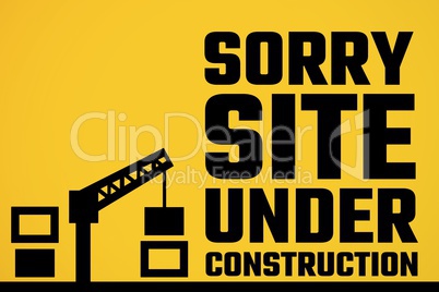 Website under construction text with construction illustration against yellow background