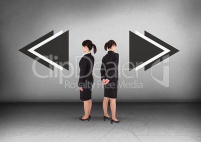 Left or right arrows with Businesswoman looking in opposite directions