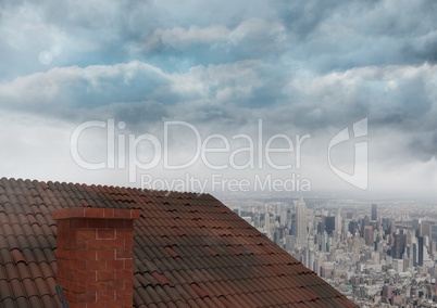 Roof with chimney and city clouds