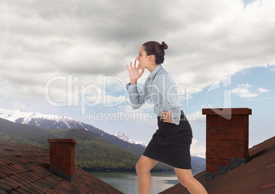 Businesswoman standing on Roofs with chimney and mountain lake landscape