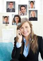 Woman holding phone with Profile portraits of people contacts