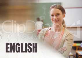 English text and School teacher with class