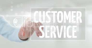 Hand interacting with customer service business text against white background