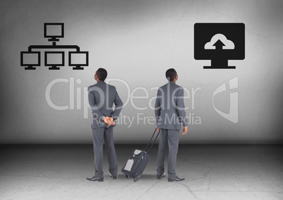 Computer system or computer cloud storage upload with Businessman looking in opposite directions