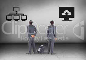 Computer system or computer cloud storage upload with Businessman looking in opposite directions