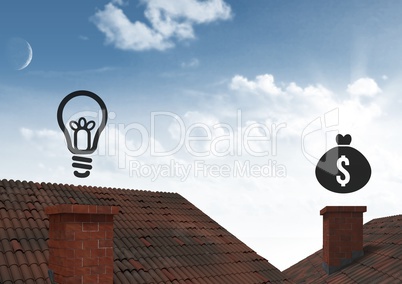 Light bulb and money icons over roofs