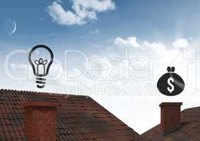 Light bulb and money icons over roofs