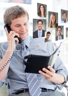 Man holding phone and contact book with Profile portraits of people