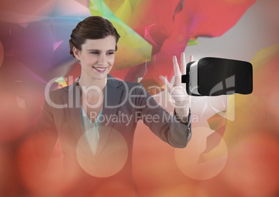 Woman touching and interacting with virtual reality headset with transition effect