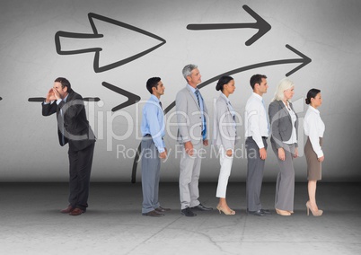 Arrows direction with Businessman calling in opposite direction of group