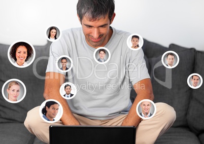 Man on laptop with Profile portraits of people contacts
