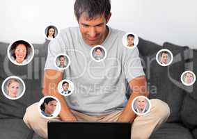 Man on laptop with Profile portraits of people contacts