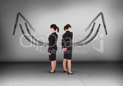 Left or right arrows drawings with Businesswoman looking in opposite directions