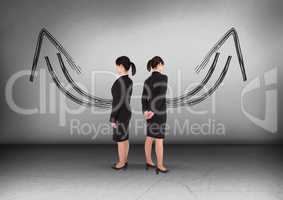 Left or right arrows drawings with Businesswoman looking in opposite directions