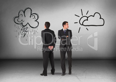 Rain clouds or sun with Businessman looking in opposite directions