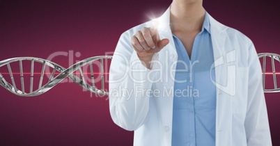 Doctor woman pointing with 3D DNA strand