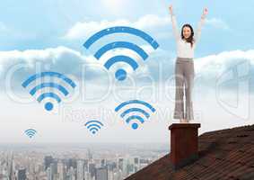 Wi-fi icons and Businesswoman standing on Roof with chimney and city