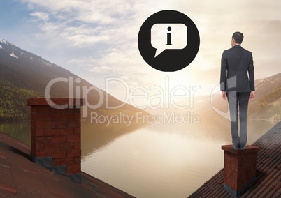 Information icons and Businessman standing on Roofs with chimney and lake mountain landscape