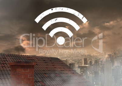Wi-fi icon over roof and city