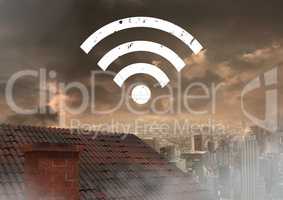 Wi-fi icon over roof and city