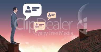 Chat profile icons and Businessman standing on Roofs with chimney and moon sky