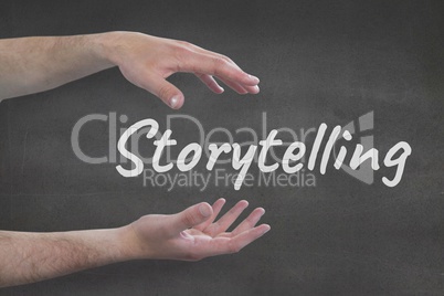 Hands interacting with storytelling business text against grey background