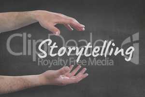 Hands interacting with storytelling business text against grey background