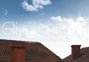 Roofs with chimney and sky