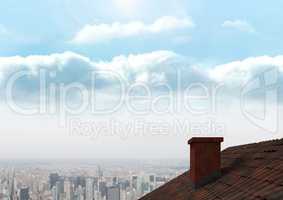 Roof with chimney and city sky