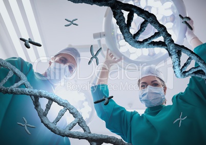 Doctors standing with 3D DNA strands