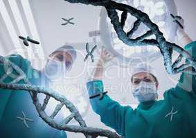 Doctors standing with 3D DNA strands
