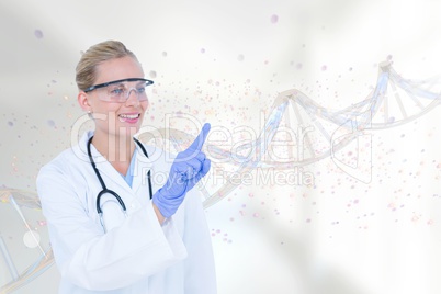 Happy doctor woman interacting with 3D DNA strand