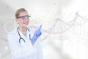 Happy doctor woman interacting with 3D DNA strand