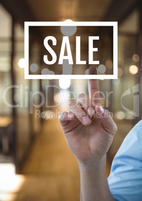 Hand interacting with sale business text