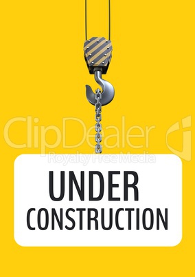 Under construction text hanging of a hook against yellow background