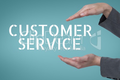 Hands interacting with customer service business text against blue background