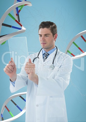 Doctor man holding a glass with 3D DNA strands