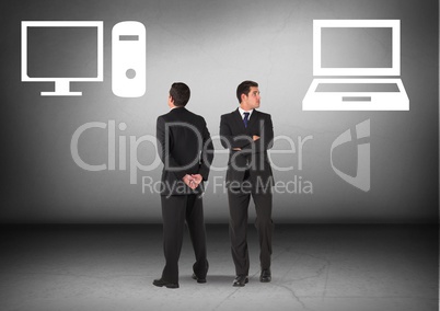 Desktop Computer or laptop with Businessman looking in opposite directions
