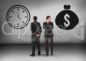 Money bag and clock time with Businessman looking in opposite directions
