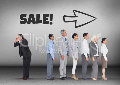 Sale! text and arrow direction with Businessman calling in opposite direction of group