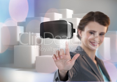 Woman touching and interacting with virtual reality headset with transition effect