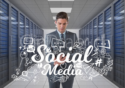 Business man holding a tablet and graphics in server room