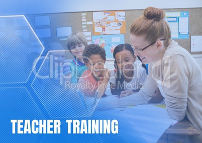 Teacher training text and Elementary school teacher with class