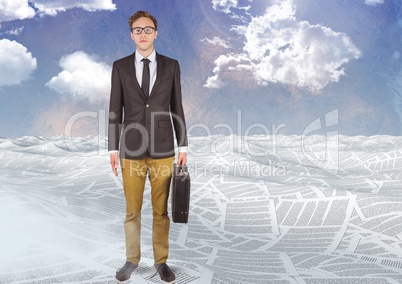 Businessman in sea of documents under sky clouds with briefcase