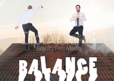 Balance text and Businessmen balancing on Roof with chimney and trees in evening light