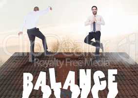 Balance text and Businessmen balancing on Roof with chimney and trees in evening light