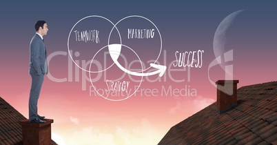 teamwork marketing and success text and Businessman standing on Roofs with chimney and moon sky