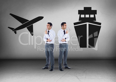 Plane or ship with Businessman looking in opposite directions