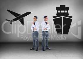 Plane or ship with Businessman looking in opposite directions