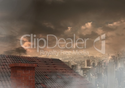 Roof with chimney and city under clouds